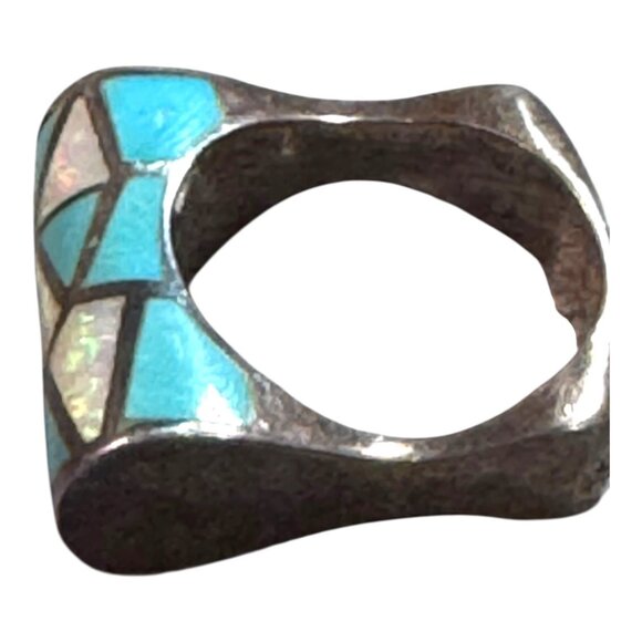 Vintage Sterling Silver Mosaic Inlay Ring  Turquoise & Opal Geometric Design 8 - Picture 9 of 10